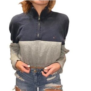COPY - Gray and Navy Tommy Hilfiger Reworked long sleeve crop quarter zip sweat…